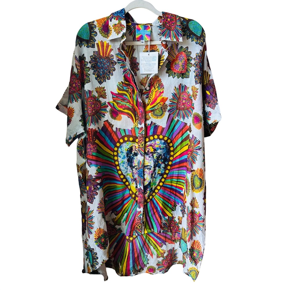 Beatnik Philosophy Frida Kahlo Sacred Heart Cotton Shirt Dress Multi Color M/L - Picture 2 of 7